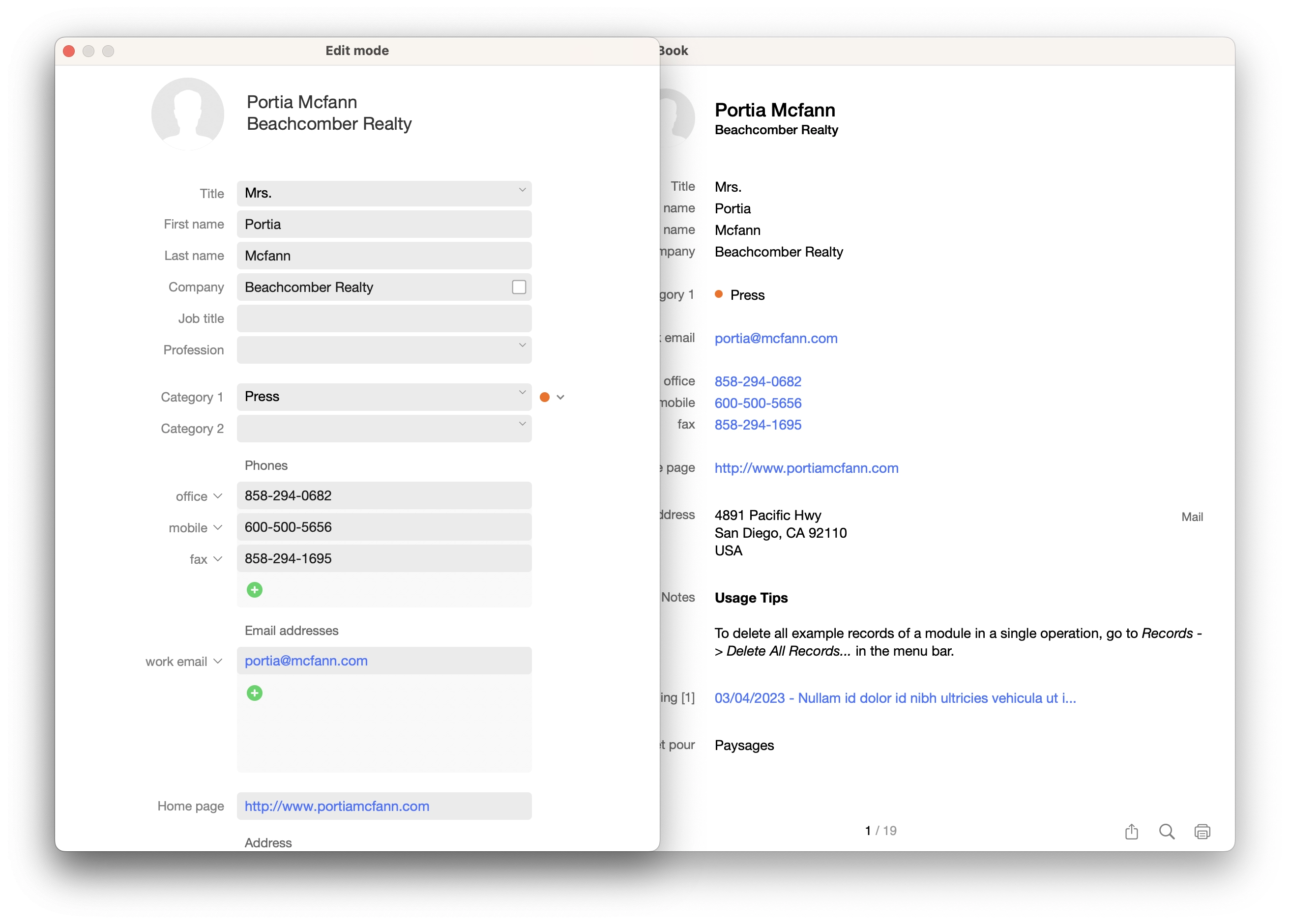 adressbook - edit mode