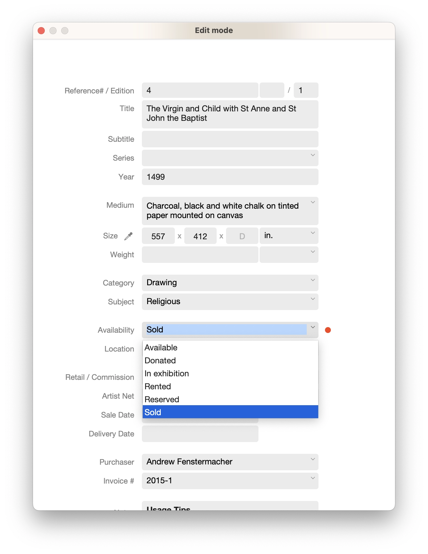 artworks - edit mode - list