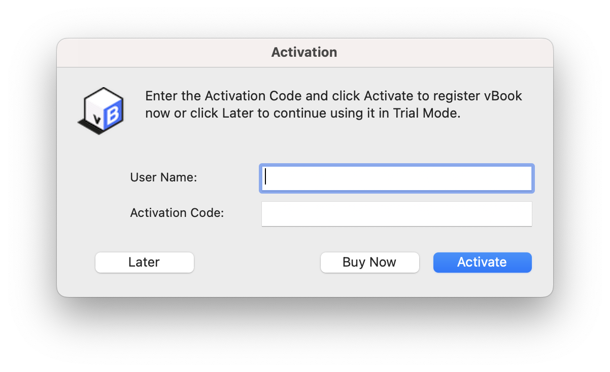 vbook v5 - activation dialog