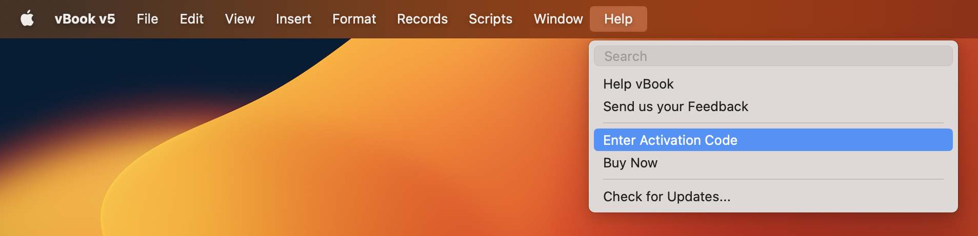 vbook v5 - activate via menu