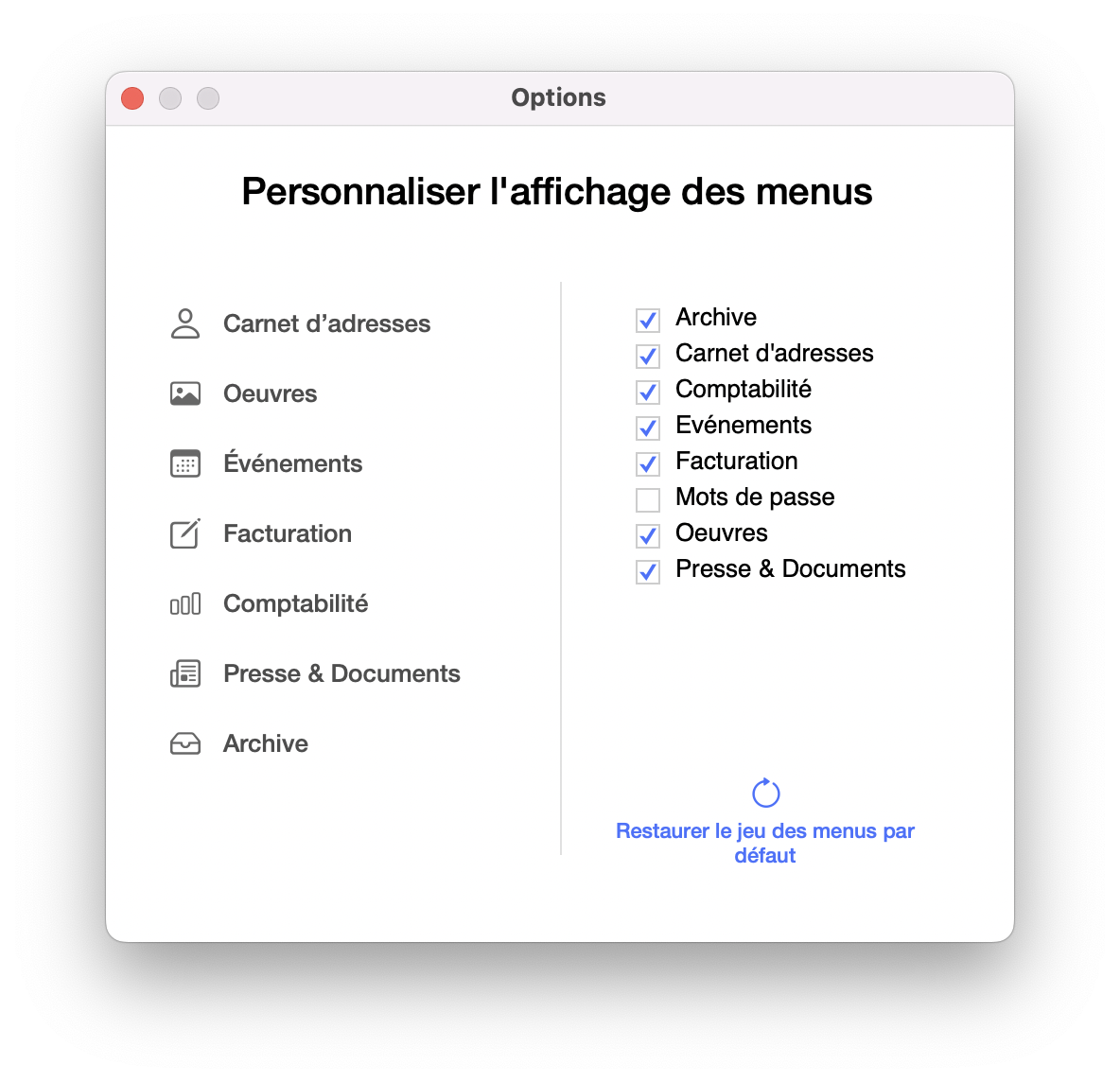 personnaliser menus