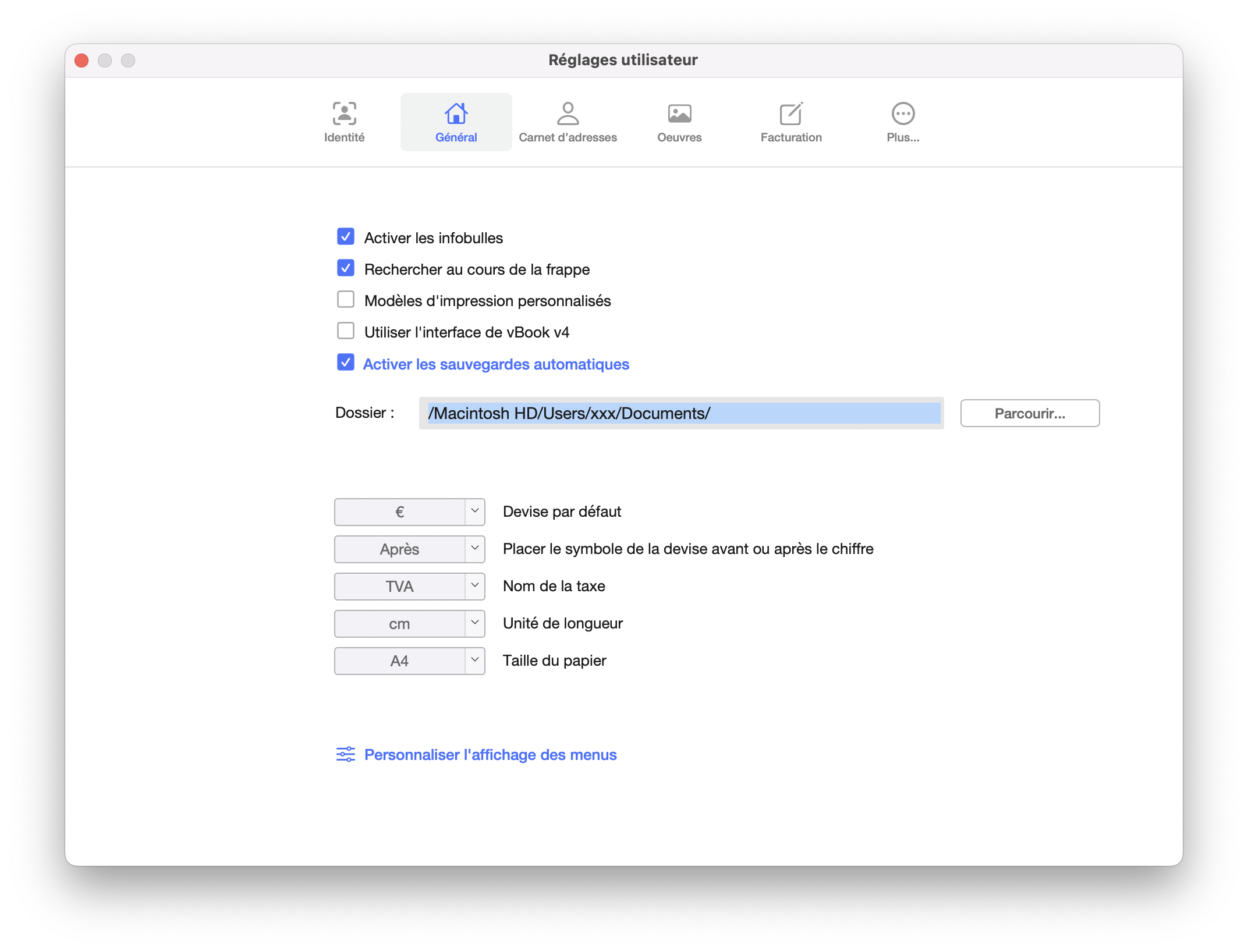 reglages sauvegardes