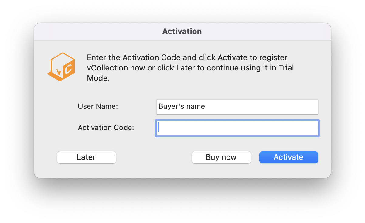 vCollection – activation dialog