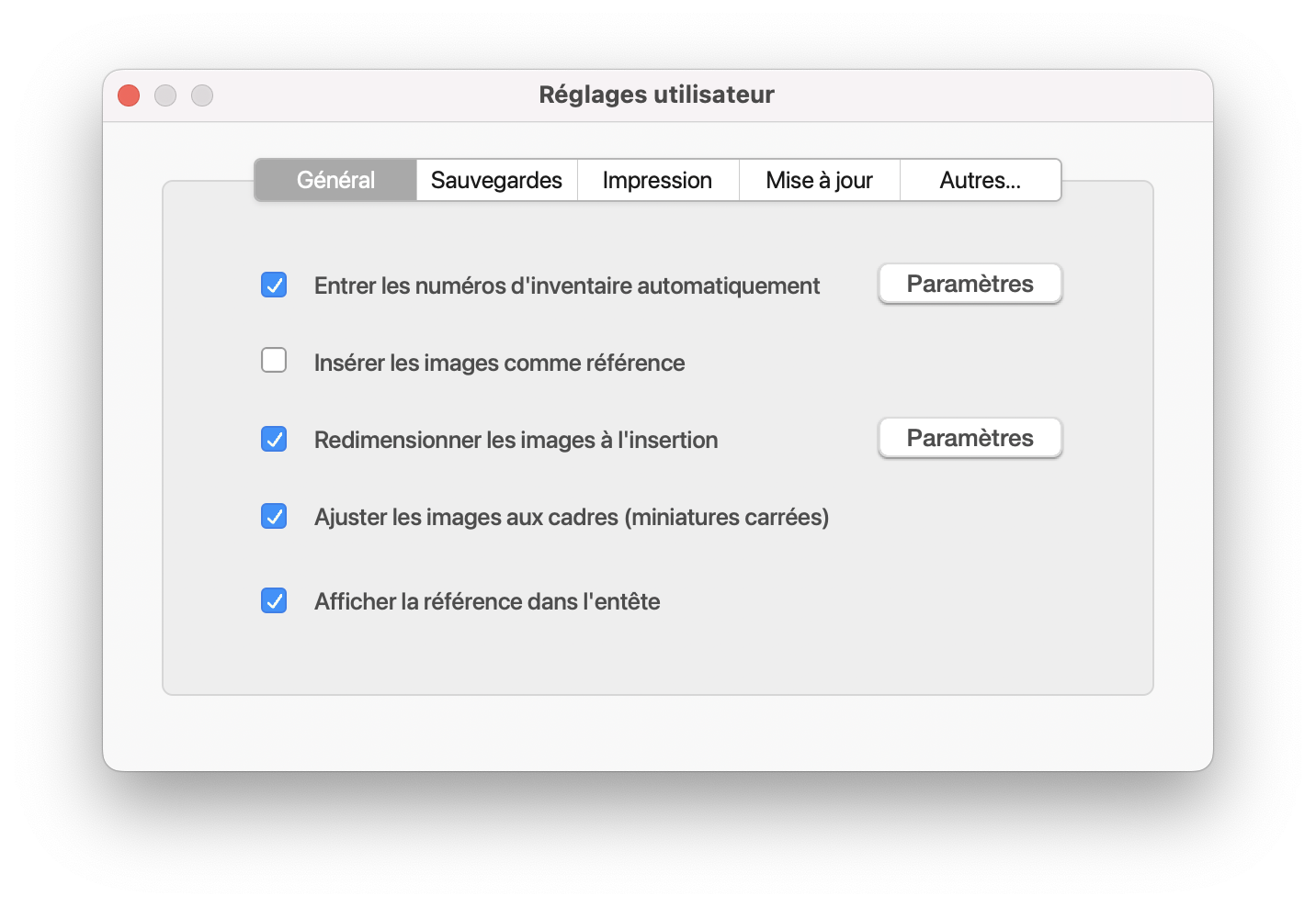 vCollection - panneau Réglages