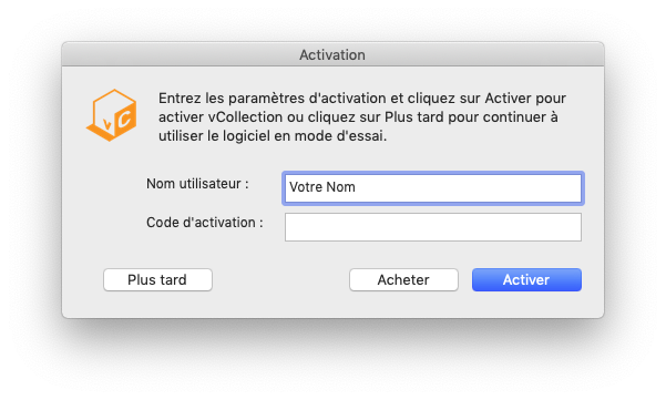 vCollection - dialogue d'activation