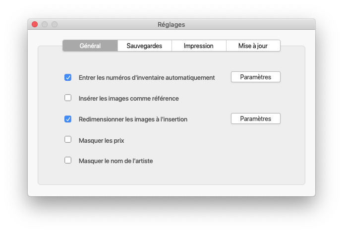 vCollection - panneau Réglages